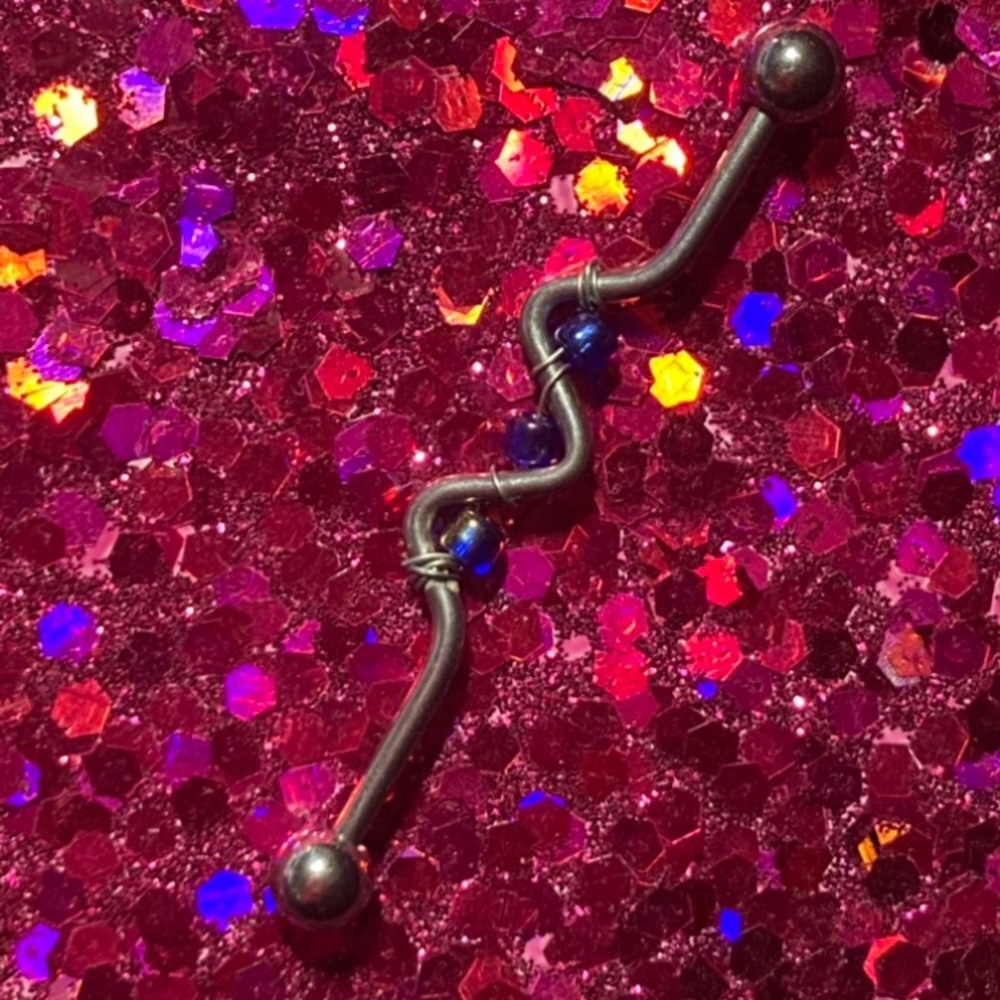 Industrial Bar Piercing Barbell Size 14g Silver Blue Purple Swirl Design alt NEW